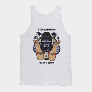 Black Beige Illustrated Skateboard Monkey with Motivational Quote Tank Top